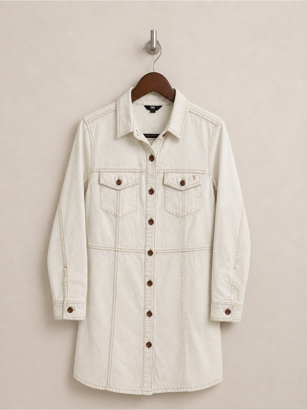 Frye Cream White Denim Shirt Dress Jacket Womens Large Button Front Utility NWOT